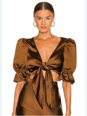 LPA Brown Front Tie Blouse Puff Sleeves, New Without Tags